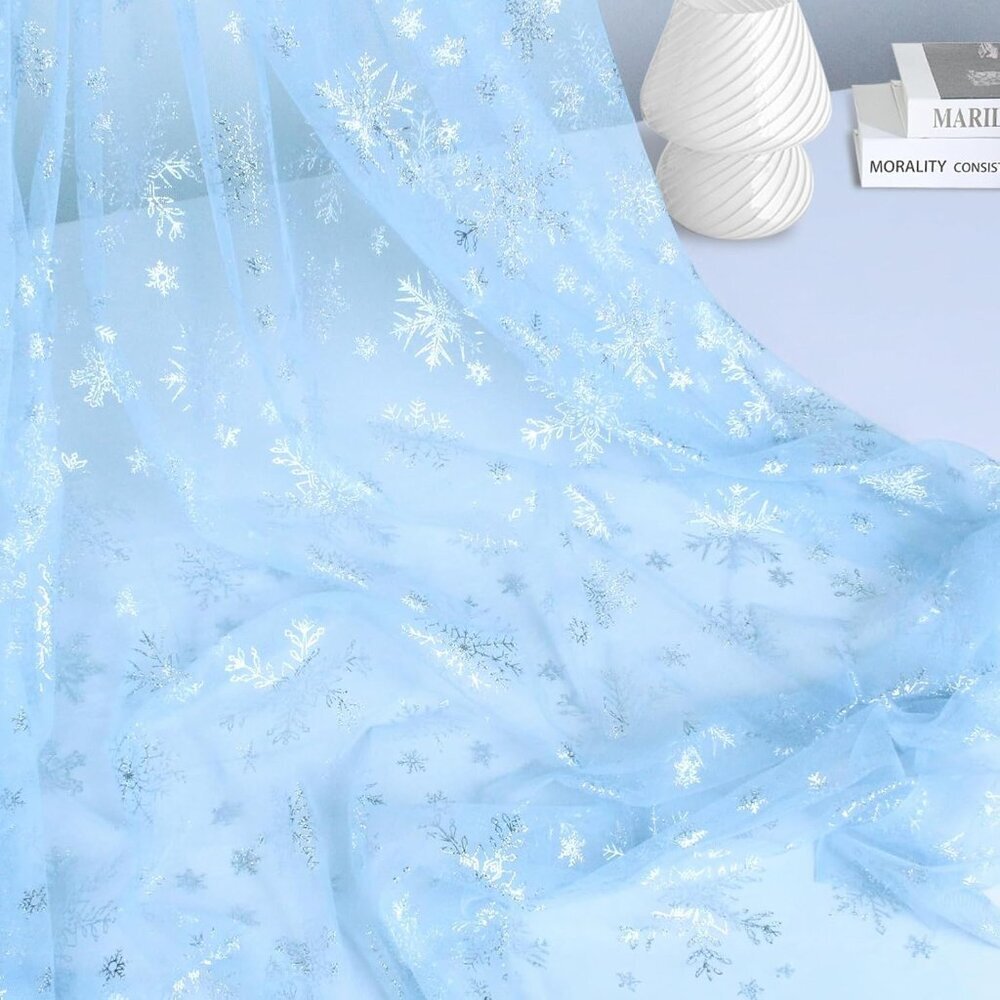 Snowflake Sheer Fabric 3 Yard, Light Blue Silver Foil Tulle Fabric by The Yard,